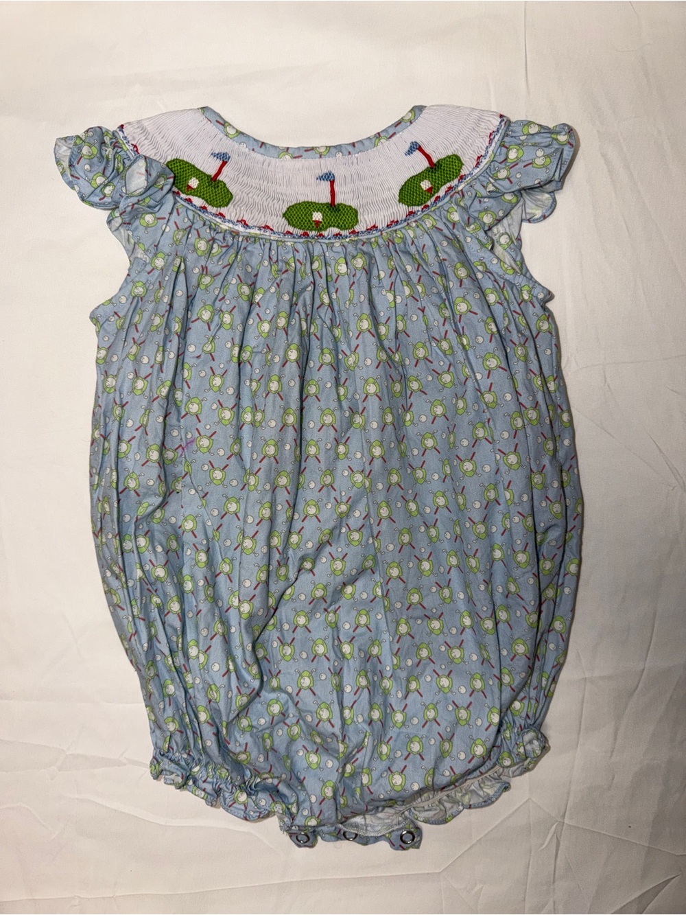 Bailey Boys Smocked Golf Bubble Romper in Light Blue and Green